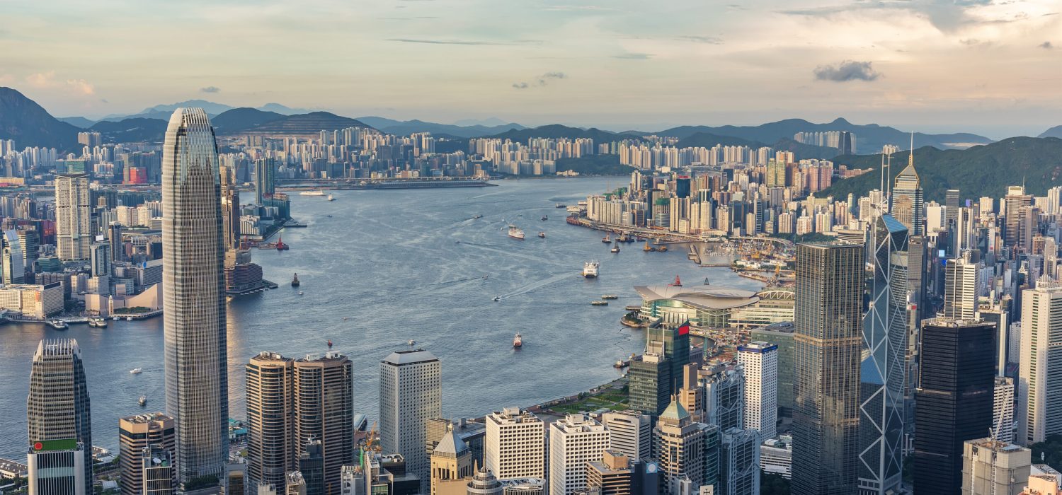 Skyline of Victoria harbor of Hong Kong city