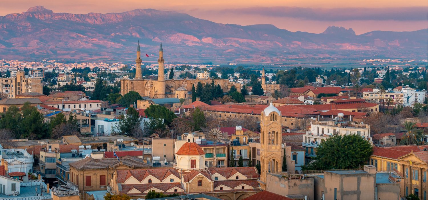 Beautiful aerial view over old town of Nicosia, Northern Cyprus and Selimiye Mosque in Cyprus