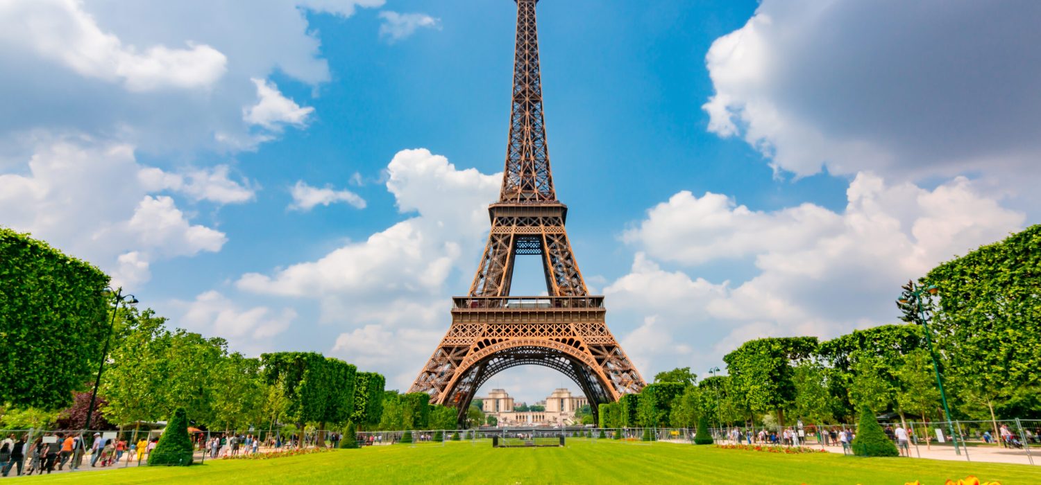 Eiffel Tower and spring tulips on Field of Mars, Paris, France